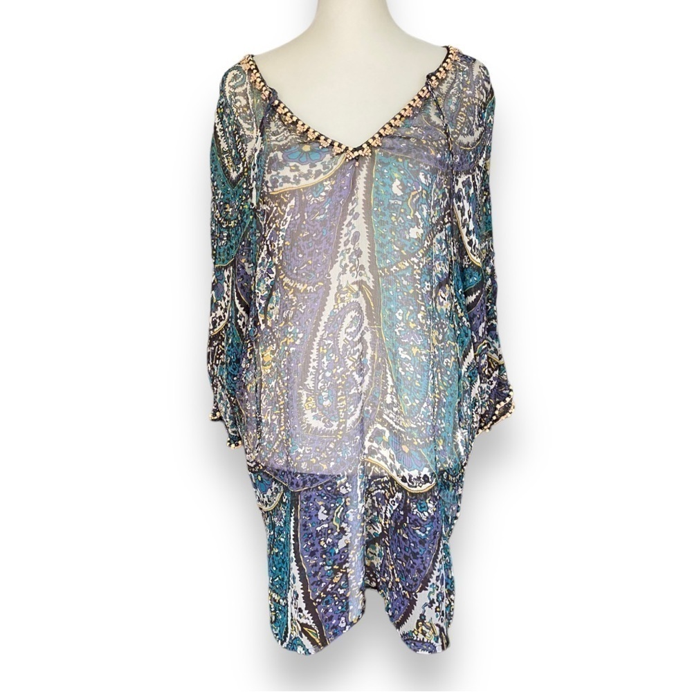 JOIE a la Plage Blue Paisley Print Beaded Silk Tunic Top | Size Small